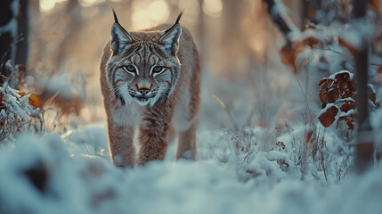 Winter lynx wildlife photography: majestic bobcat in snow covered forest woodland animal portrait art print