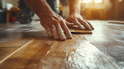 Installing Laminate Flooring CloseUp of Hands Laying Wood Panels for Home Renovation and DIY