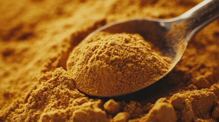 Measuring spoon resting on protein powder heap.