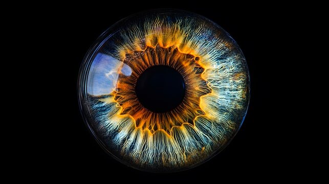Close-up of a human eye displaying intricate details in vibrant oranges, blues, and yellows against a stark black background. - Powered by Adobe