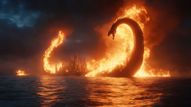 Fiery ragnarok scene with asgard in flames and burning serpent in norse mythology concept