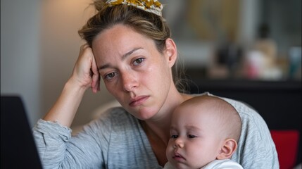 Tired mother with baby looking at laptop.