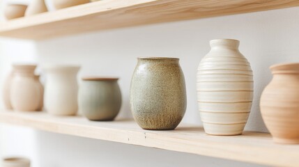 Earthen Vessels on Shelf, Minimalist, Pottery