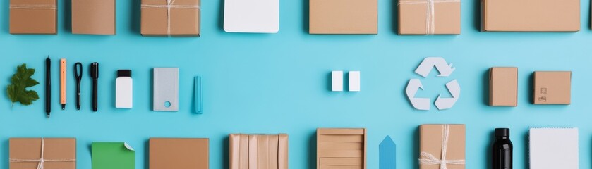 Eco-Friendly Packaging Brown Boxes,Recycle Sign, Stationery on Blue, Sustainability ,Delivery