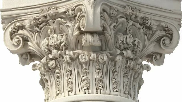 Ornate architectural detail of a column capital featuring scrolling acanthus leaves and intricate floral designs against a bright white background