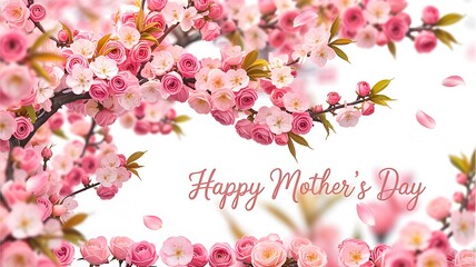 Naklejka premium Happy mother's day card with pink blossoms and falling petals