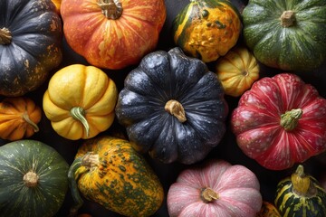 Colorful variety of pumpkins on a dark background.