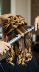 Fototapeta premium Bridal Hair Magic: Curling Iron Creates Dreamy Wedding Curls & Updo. Get Inspired!