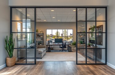 Fototapeta premium Modern office interior with glass partition, cityscape view, comfortable seating, and plants