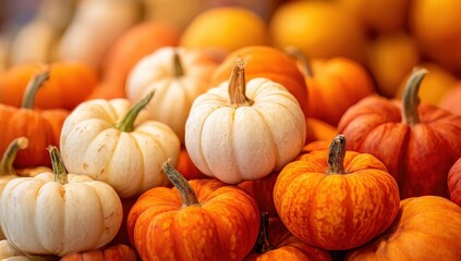 Colorful pumpkins in various sizes and vibrant hues.