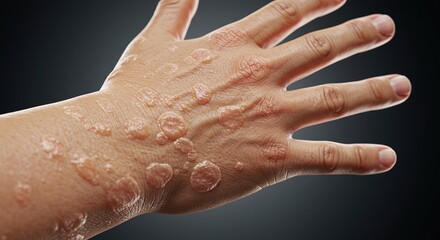 Close-Up of a Hand Showing a Skin Condition with Multiple Small Blisters or Vesicles.