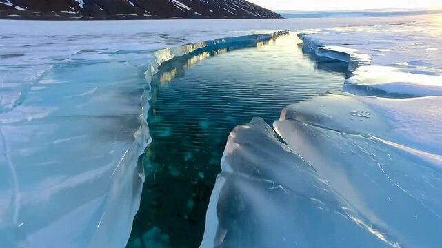 Crack in River Ice Reveals Flowing Water Beneath