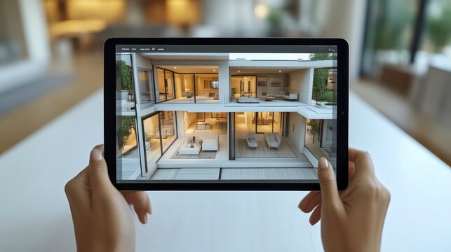 Hands holding a tablet displaying a modern interior design in a luxurious home setting