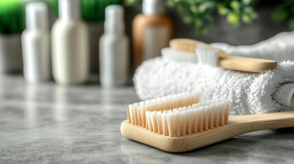 A toothpaste tube and a cup of bamboo toothbrushes are positioned on a marble washstand