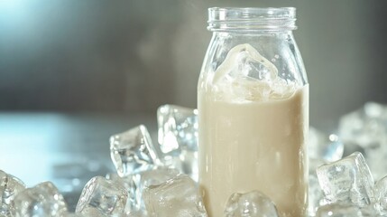 Protein shake in a clear bottle with ice cubes