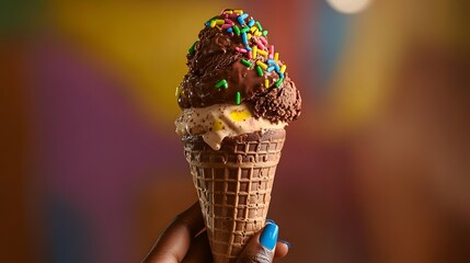 A double scoop ice cream cone with chocolate and vanilla ice cream, topped with colorful sprinkles, held against a colorful background.