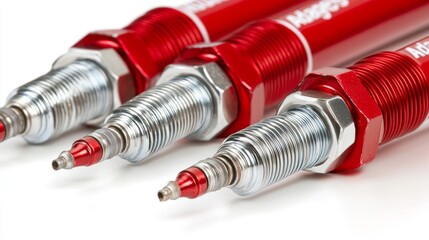 Six ignition coils intended for a car's internal combustion engine are shown during repair and service on a white isolated background in a spare parts catalog