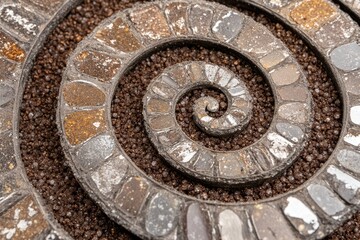 Spiral mosaic pattern of stones and gravel, detailed close-up.  Various earth tones create a circular design
