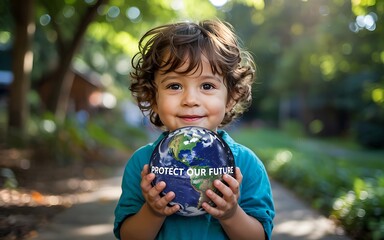 Young boy holding a globe with protect our future text on it