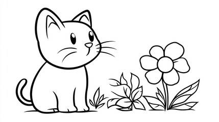 Obraz premium A cute cartoon kitten sits near a flower and some grass, drawn in simple lines