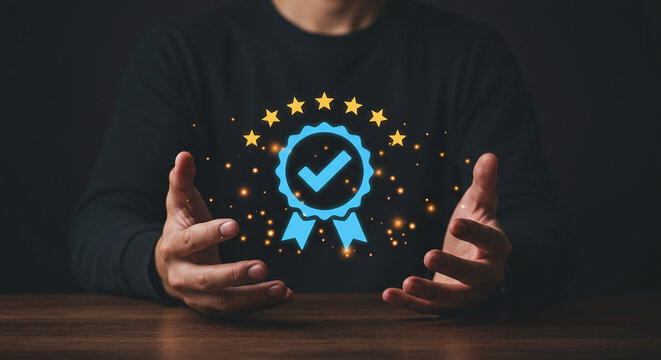 Person holding a blue quality badge with gold stars and sparkles in a dark setting on a wooden surface selling, purchasing, agreement, $