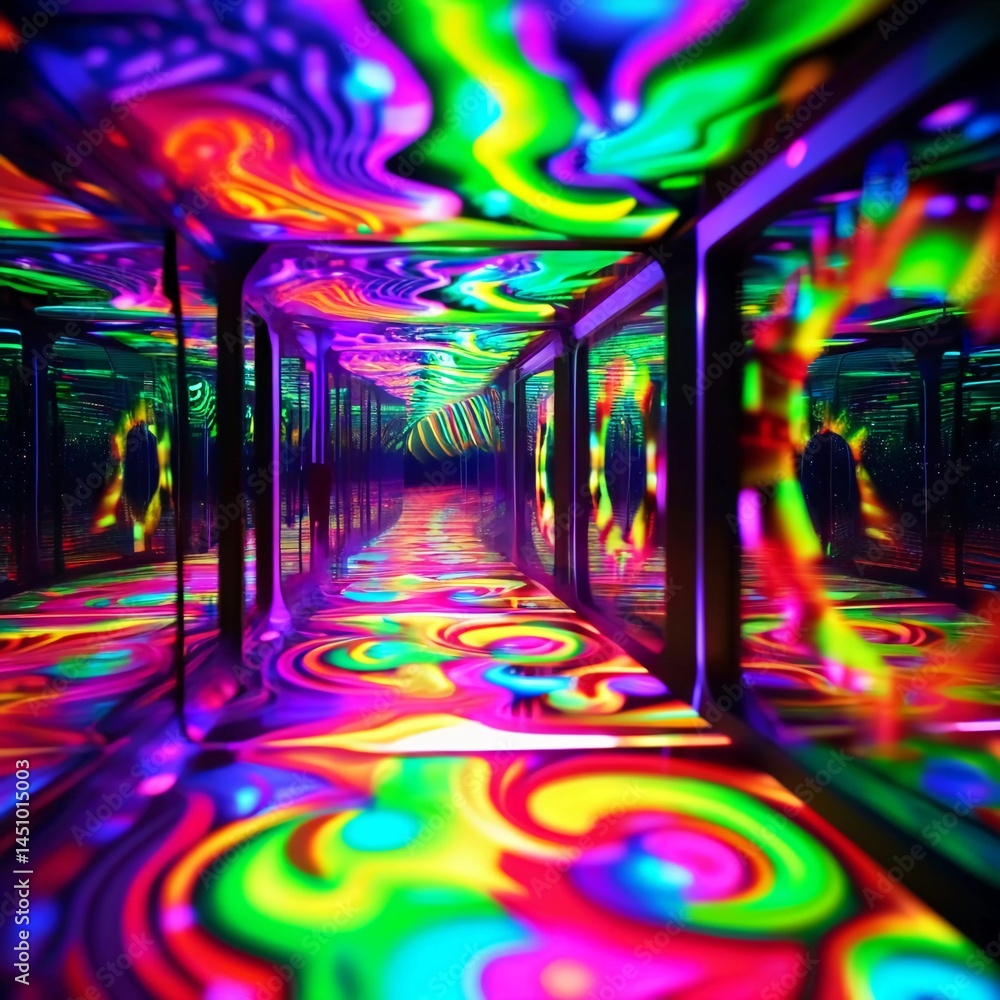 Poster swirling patterns of bright colors illuminate a mirrored room, creating a mesmerizing atmosphere per