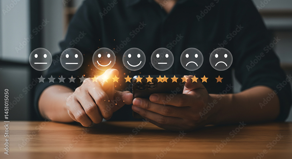 Poster a person using a smartphone to select a rating among various emotion faces and star symbols above it