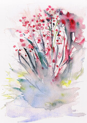 A dreamy watercolor arrangement of spring flowers dancing in soft, vibrant hues, hand-made watercolor