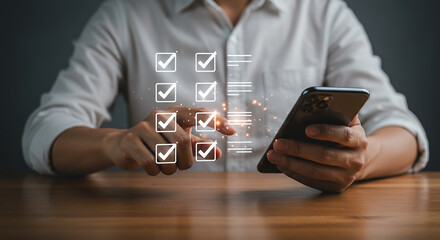 Person using a smartphone with digital checklist overlay on a wooden surface in a close up view selling, purchasing, agreement, $