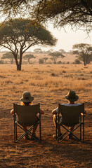 Naklejka premium Serengeti Sunset: Couple's Safari Escape, Authentic African Adventure, Wildlife Viewing, Golden Hour Serenity, Tanzania Vacation, Unforgettable Moment