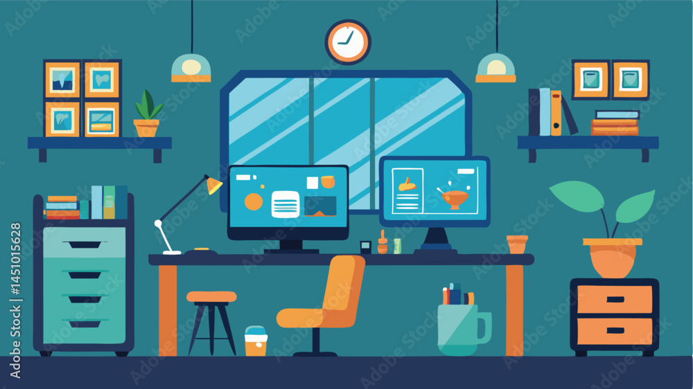 Poster modern workspace vector illustration showcasing a cozy office design with large windows and city vie