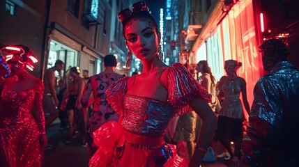 Urban fashion model in a vibrant city street scene.