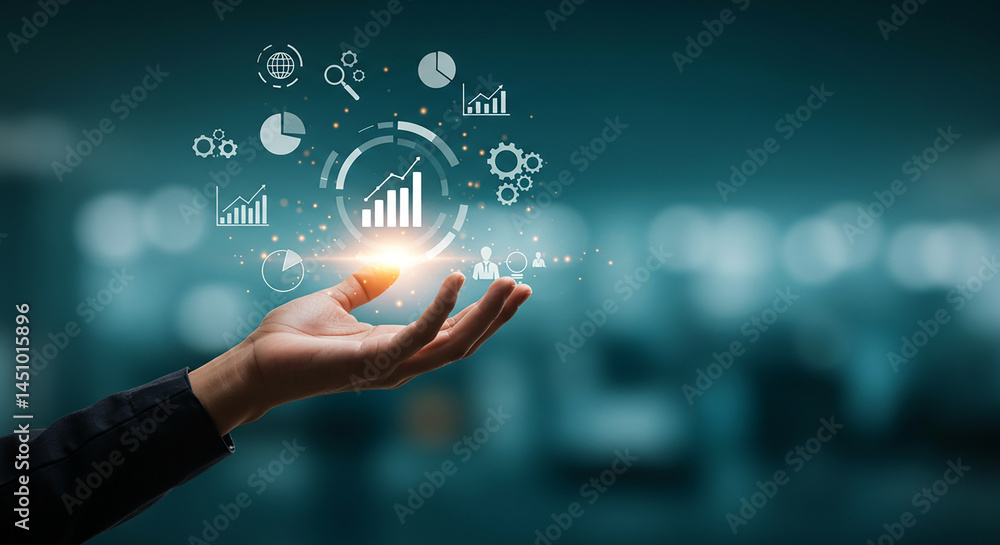 Aufkleber hand presenting digital data and analytics icons floating above against a blurred background selling