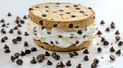 Ice cream sandwich with chocolate chip cookies and scattered chocolate chips on white surface. Dessert treat, sweet indulgence.