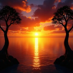 Fototapeta premium Sunset over calm ocean framed by two silhouetted trees