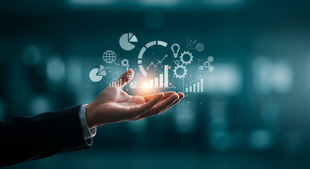 A hand holding glowing data analytics and business intelligence icons in a dark environment selling, purchasing, agreement, $
