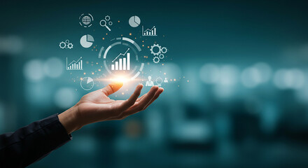 Hand presenting digital data and analytics icons floating above against a blurred background selling, purchasing, agreement, $