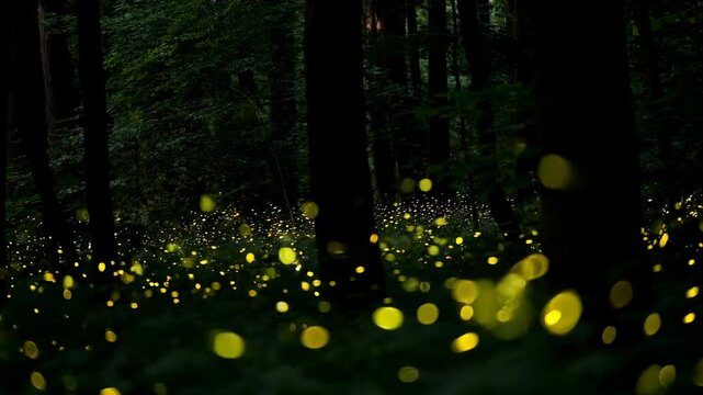 Golden Glow of Fireflies Flickering Through Dusk-Lit Undergrowth