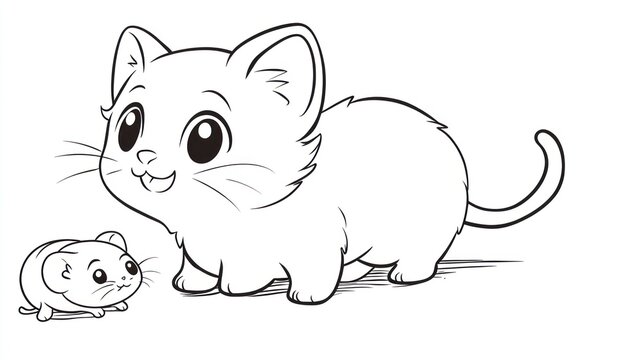 Cute cartoon cat and mouse, black and white, coloring page.  Friendly feline, small rodent, playful, adorable, simplistic, kid-friendly, easy to color