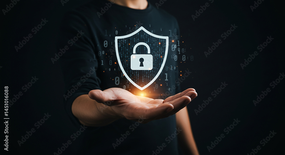 Aufkleber person holding a digital shield with a padlock symbol representing data security and cybersecurity c
