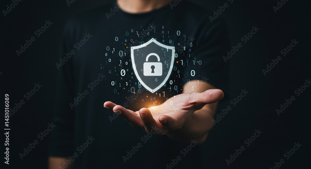 Poster person holding a shield with a padlock in their hand surrounded by binary code in the dark selling, 