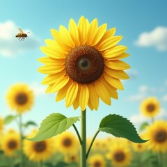 Digital illustration of sunflower field with flying bee under blue sky