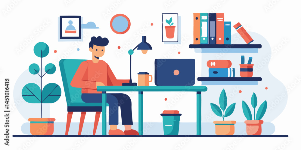 Aufkleber Vector illustration of a person working at a desk in a modern home office with plants and bookshelves, creating a relaxed and productive atmosphere during the day