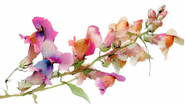 Watercolor painting depicting flowering sweet pea vine on white background, showcasing delicate hues and botanical detail.