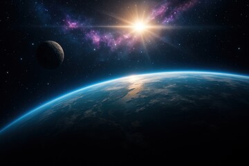 Digital space scene with planets and starburst light in deep space