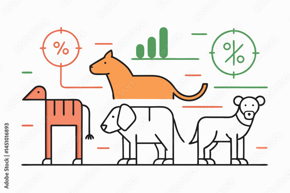 Fototapete Vector illustration of various animals with graphs and statistics in a minimalist style showcasing data visualization