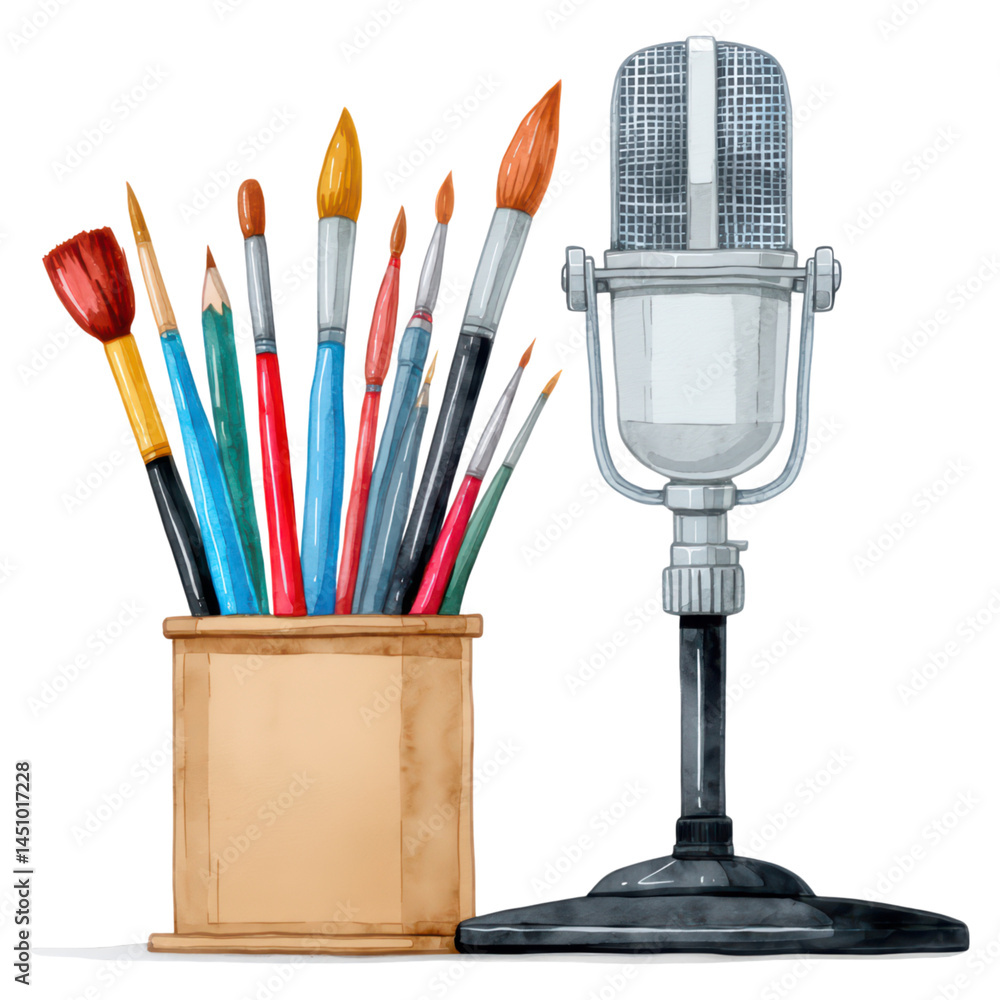 Poster creative studio setup with colorful brushes and microphone for artistic expression and podcasting, i