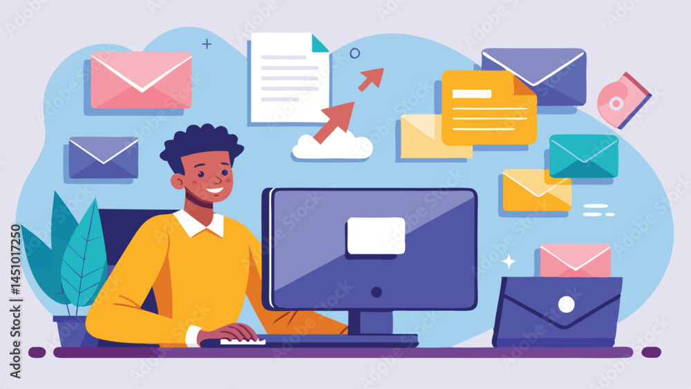 Poster vector illustration of a person engaged in email management at a desk surrounded by digital communic