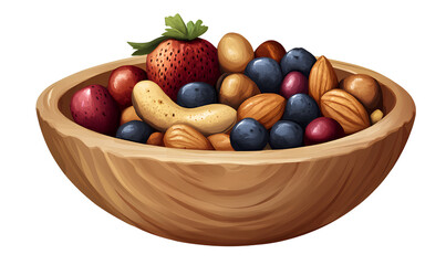 Nuts and fruit mix in a wooden bowl, isolated on a transparent background. This is a PNG file with a white background