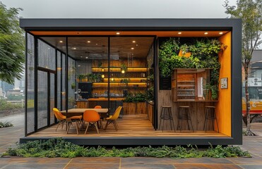 Modern modular cafe; city view; plants; meeting
